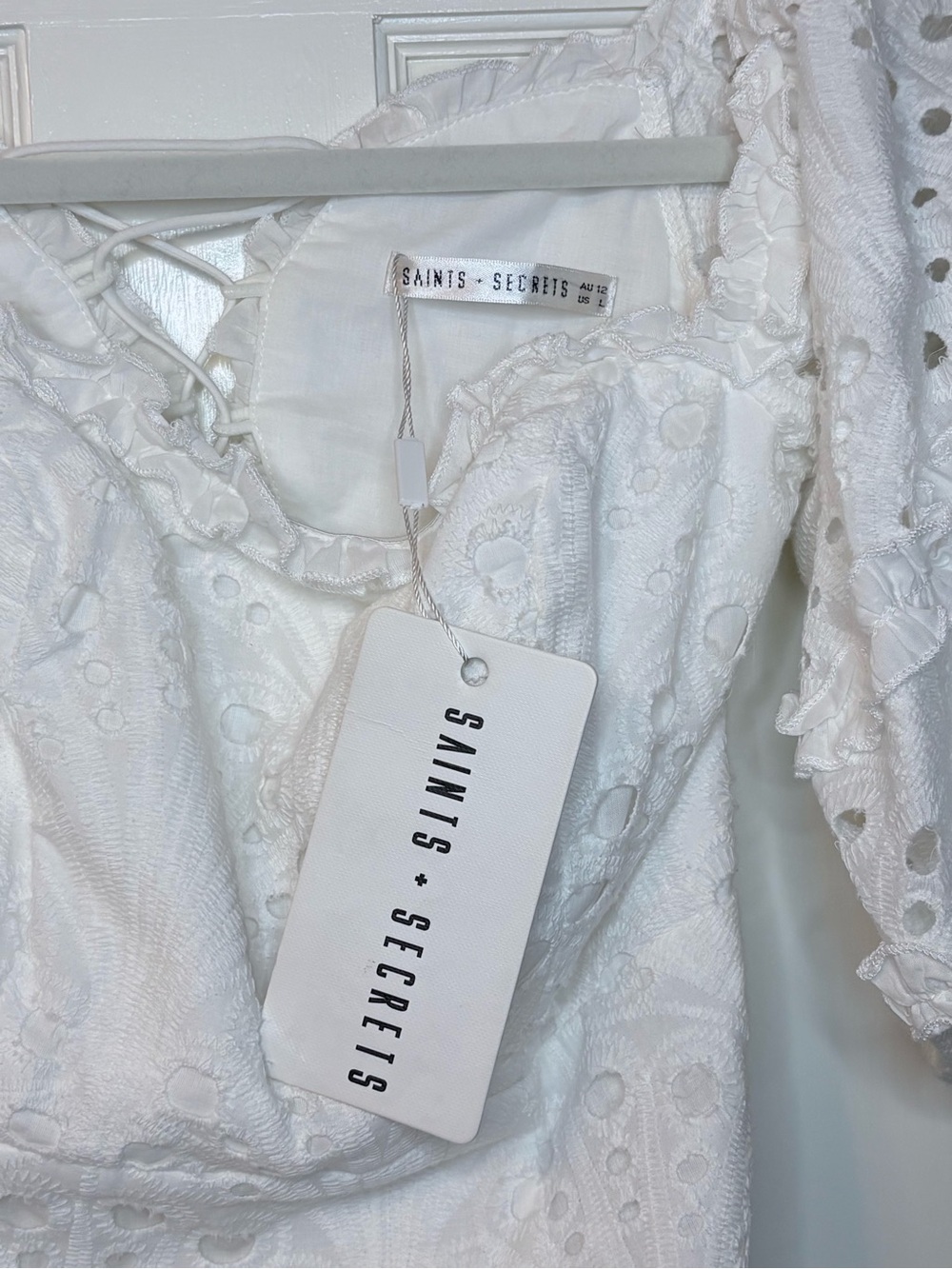 Saints + Secrets NWT White Eyelet Cotton Peasant Dress
